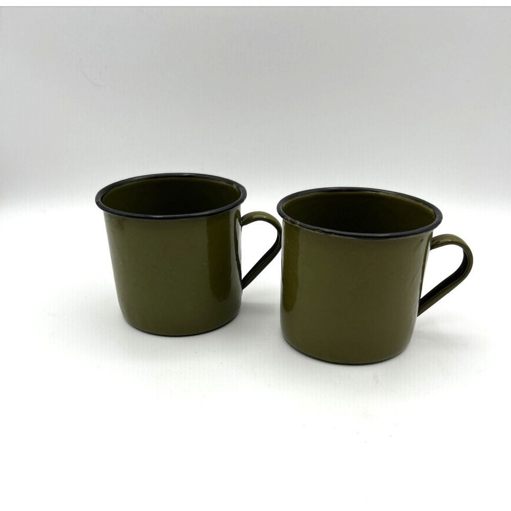 Vintage Enamel Camping Mugs Set of 2 Olive Green Metal Cups 3in Cabincore